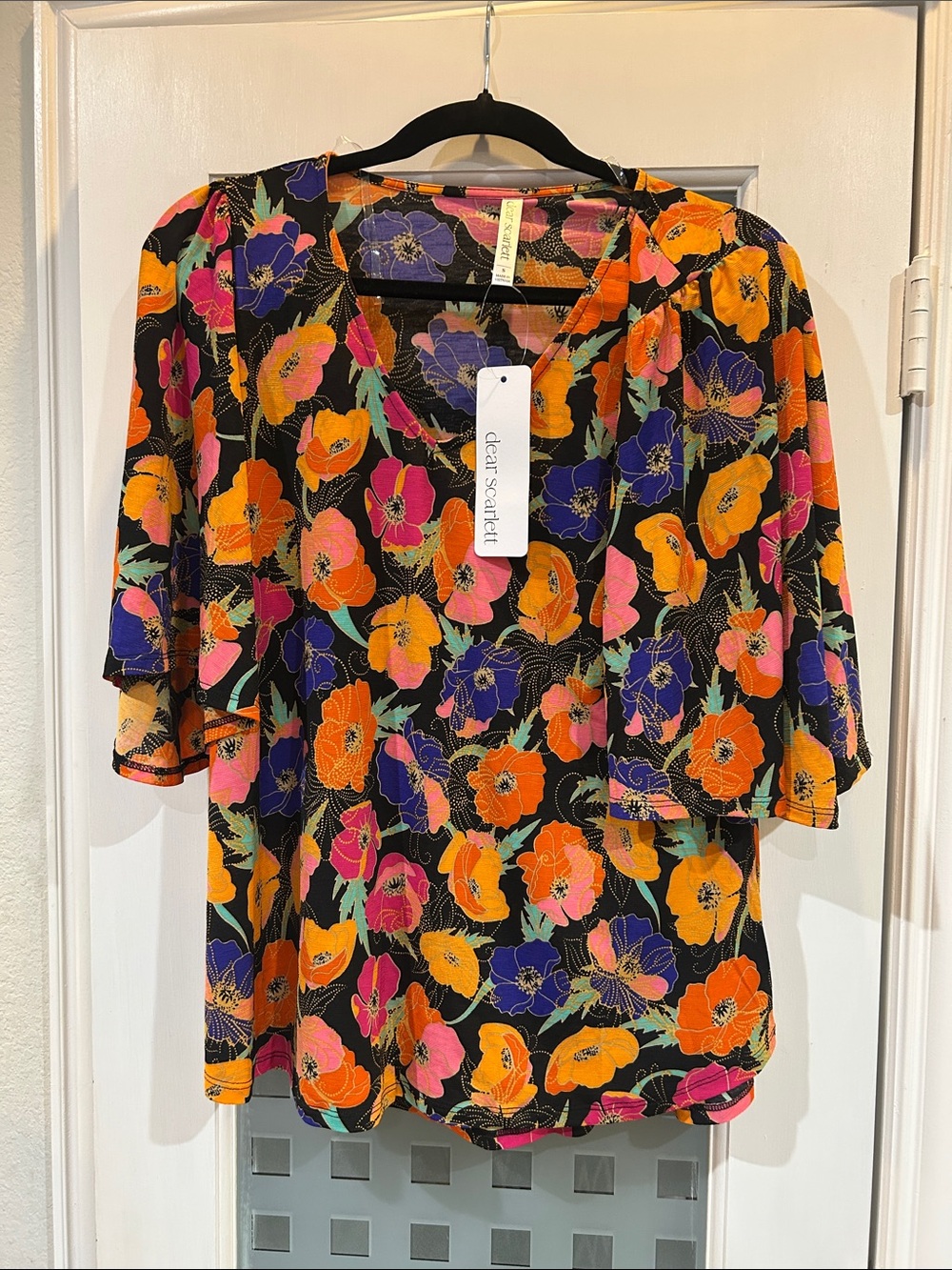 dear scarlett Black Floral V-Neck Blouse with Orange, Pink & Purple Blooms